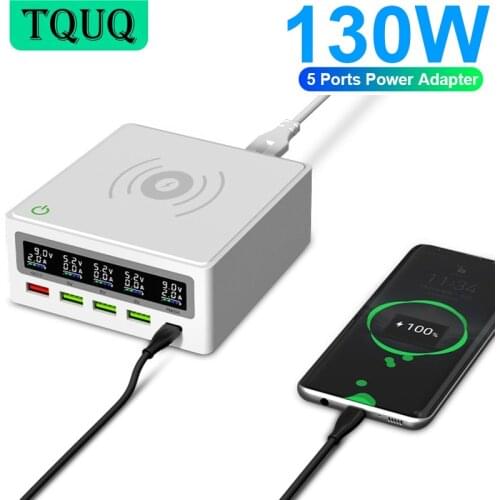 TQUQ 130W 5-Ports Desktop USB Charging Station with LCD Display, QC 3.0 & USB C Charger Hub Wireless Charger for Phone, Tablet