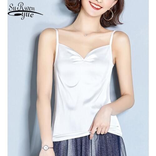Summer New Blouse Women 2021 Slim Silk Satin Strapped Vest Base Shirt Solid V-neck Top Woman Ropa De Mujer 9690