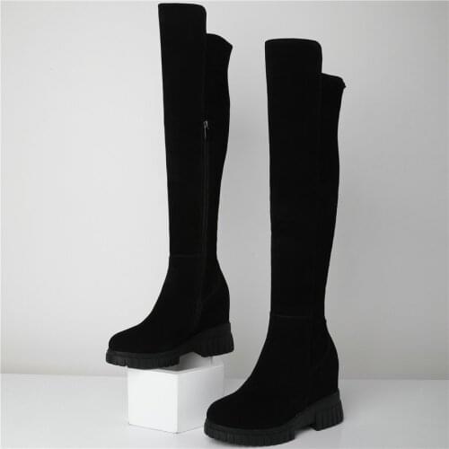 Thigh High Creepers Women Black Stretchy Genuine Leather Over The Knee High Military Boots Female High Heel Platform Pumps Shoes