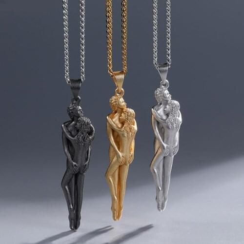 Gold Black Silver Plated Couple Embrace Pendant Stainless Steel Chain Necklace Valentines Day Gift Drsopshipping Free Shipping