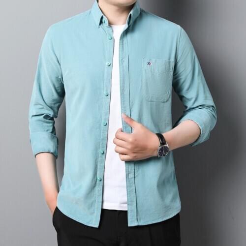 Sky Blue Corduroy Long Sleeve Shirts Mens Claret Stripe Classic Business Work Office Dress Husband Clothes For Mens Fashion Red