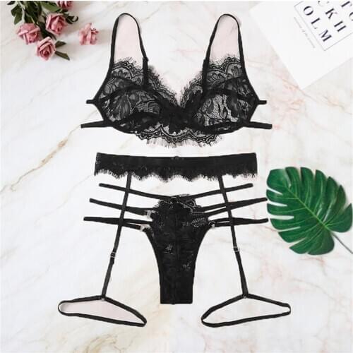 Sexy Lace Lingerie Women Underwear 3 Piece Set See Through Bodycon Bra Patry Set Black Lingeries Bodydoll Sexy Sets HB163