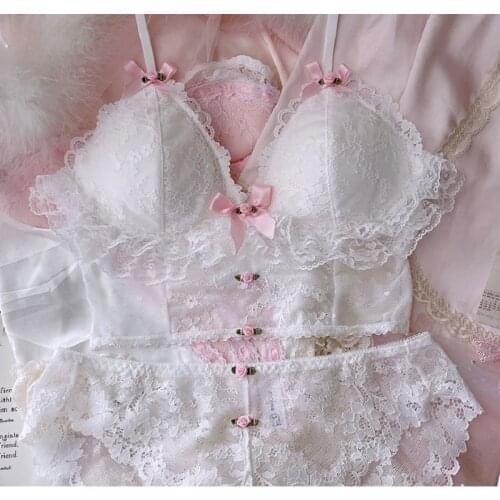 Wriufred Sexy pure desire underwear sets outerwear thin white lace lingerie and panties suit cute no steel ring girl bra set