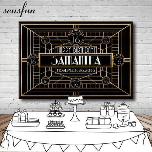 Sensfun Sweet 16 Birthday Party Photography Backgrounds Customized Gold Line Gatsby Backdrop For Photo Studio 7x5FT Vinyl