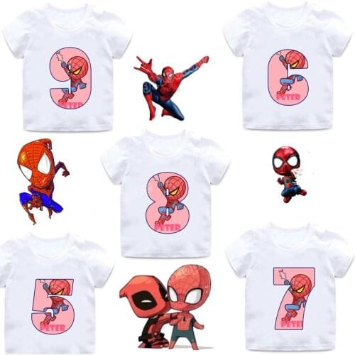 Marvel Series T-shirt Spiderman Kawaii Clothe Graphic T Shirts Tees Number 1-9 Clothes Fashion Top Kid Birthday Gift Baby Shower