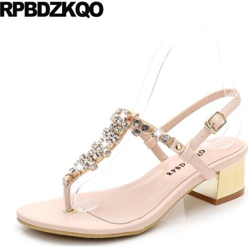 Comfortable Rhinestone Cheap Square Female Thong Shoes Crystal Women Sandals Flat Casual Diamond Embellished Open Toe T Strap