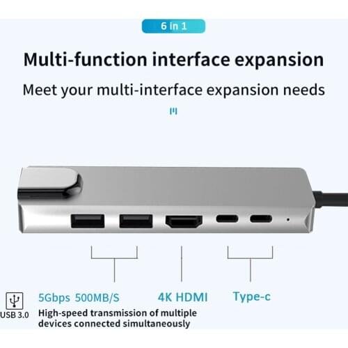 USB Splitter Multi USB C HUB USB3.0 4K HDMI-Compatible 5/6in1 USB 3.0 2.0 RJ45 Ethernet Port USB C PD Charging Multiport Adapter