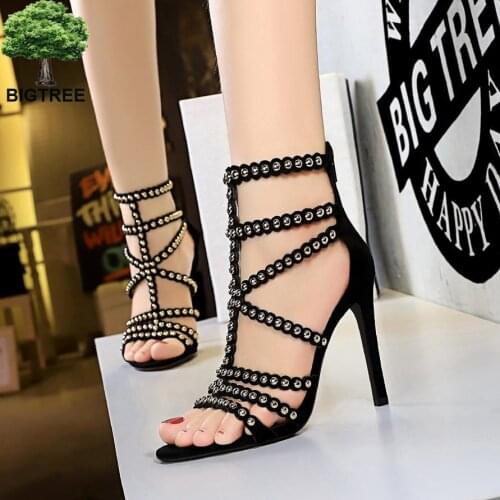 BIGTREE Women Fetish Stripper Sandals Ankle Boots 11cm High Heels Lace Up Gladiator Gladiator Peep Toe Summer Metal Rivets Shoes