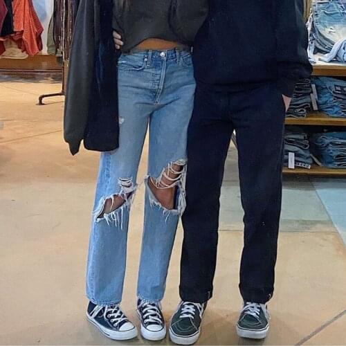 B-TOTO American Retro Blue High Waist Jeans Womens Trendy Ins Straight Loose Ripped Pants Light-colored 2021 New Fashion