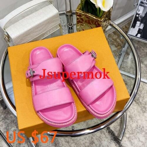 Luxury Brand Women Slippers Round Peep Toe Leather Flat Slippers Metal buckle Decoration Female Outdoor Dress Slippers