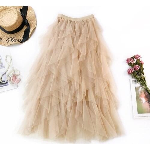 Women Beach Skirts Pink Jupe Femme Tulle Skirt Saia Midi Faldas Summer Women Boho White Long Skirt High Waist Ruffles