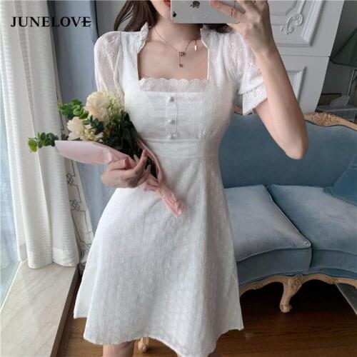 JuneLove Summer Elegant Sweet Dress Vintage Lace French Casual High Waist Mini Dress Slim Temperament A-Line Party Fairy Dress