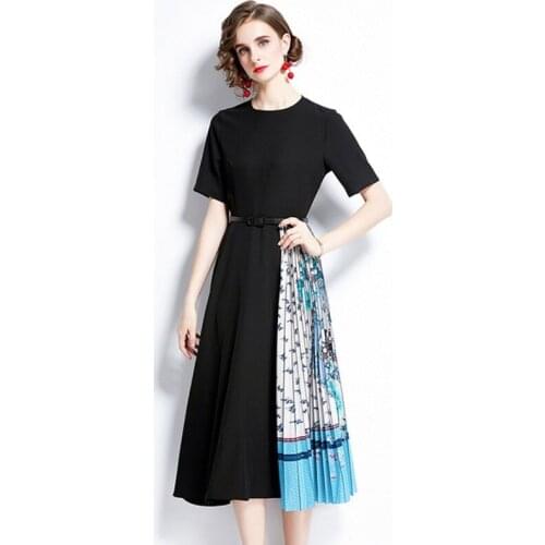 Fashion Design Autumn Women Short Sleeve Print A-Line Retro Dark Blue Patchwork Big Swing Slim Holiday Dress With Belt