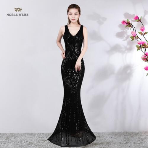Robe De Soiree Elegant Long Black/Blue V-Neck Evening Dress Mermaid Sexy Zipper Back Party Sequin Maxi Dress Prom Gown