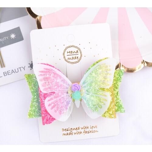 1pcs 3.5Inch Glitter Cartoon Bows Flower with Clip Newhandmade For Chlidren Gril Hairpin Bling Kids HairAccessories 091