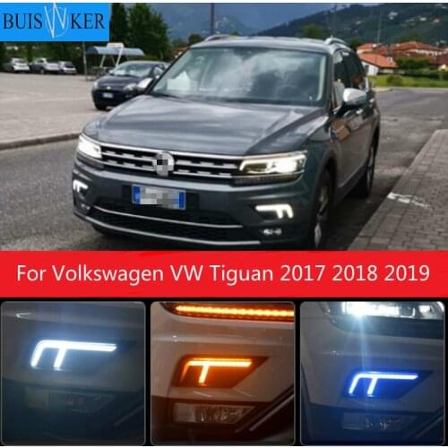2Pcs Car LED Daytime Running Light For Volkswagen VW Tiguan 2017 2018 2019 DRL with Yellow Turning Fog lamp