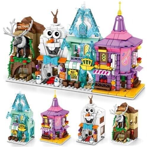 4pcs/lot Anime Cartoons Frozen Shop Store Street View Building Blocks Kit Bricks Classic Movie Model Kids Toys For Children Gift