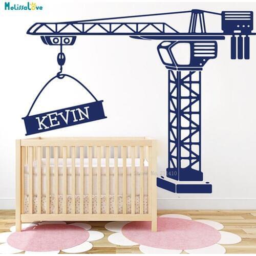 Large Custom Name Construction Tower Crane Wall Decals Personalized Truck Vinyl Cute Sticker for Kid Boys Unique Gift YT2827