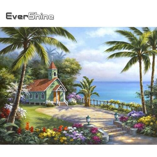 EverShine Diamond Painting Full Drill Square Landscape Diamond Embroidery House Picture 5D Rhinestones Mosaic Seaside Wall Decor