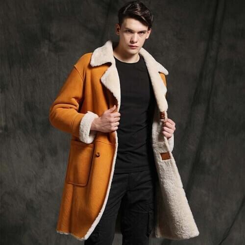 New Mens Shearling Jacket Long Fur Coat Black Leather Overcoat Natural Sheepskin Outerwear