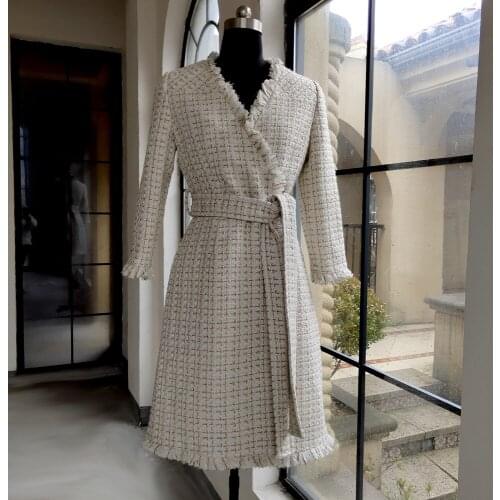 France style elegant V-neck belt 2021 autumn womens tassels plaid tweed coat B110