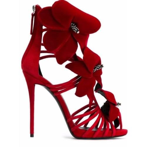 Sexy woman red suede leather big flower high heel hollow strap sandal woman flower high heel sandal