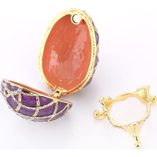 Retro Violet Egg Shape Enamel Jewelry Box Ring Holder Gold Diamond Pattern
