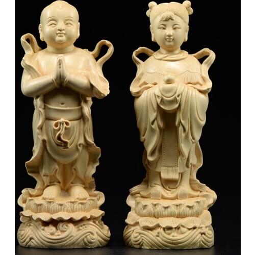 Small leaf yellow poplar carving crafts golden child jade girl ornaments good money child Guanyin Safo home decoration