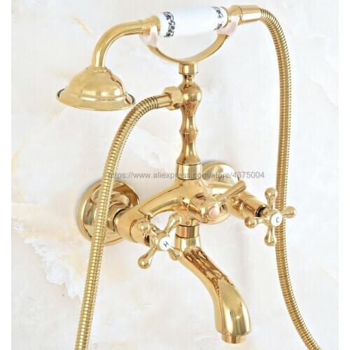 Luxury Gold Color Brass Dual Handles Brass Bathtub Faucet Set Wall Mount with Handshower Bath Shower Mixer Taps Nna807