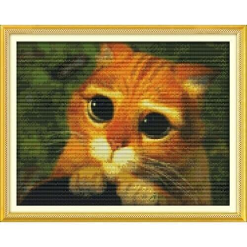 Joy Sunday Needlework,Set for Full Embroidery Kit,Home Decor,Excited Cat,Animals,cotton Thread,White Canvas,DIY,Dmc,Cross Stitch