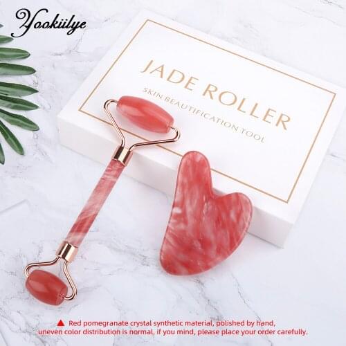 2 Kinds Synthetic Red Pomegranate Crystal Roller Guasha Scraper Facial Massager Unnatural Jade Roller Face Lift Slimming Chin