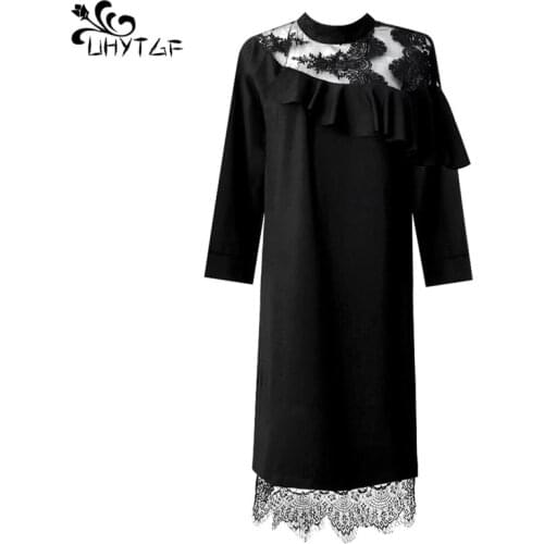 UHYTGF 4XL Plus size dresses women Fashion Hollow Lace mesh summer dress stitching Bohemian dress Female Sexy ruffles dress X757