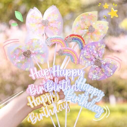 Bow Rainbow Cake Decorations Sequin Happy Birthday Girls Cake Topper Decoration Anniversary Party Baking Insert Card Decor