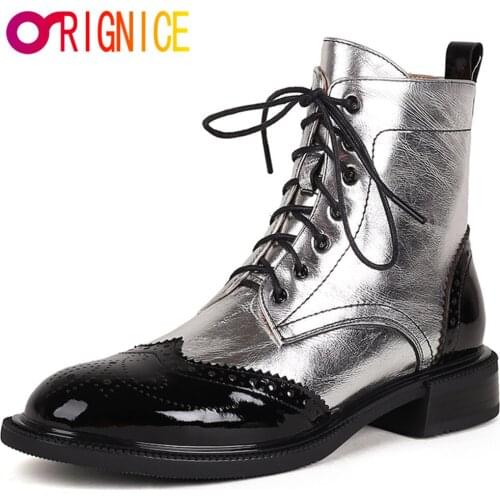 Orignice 2021 New Genuine Leather Ankle Boots Women Autumn Low Heel Cross Strap Round Toe Zipper Black Brown Handmade Shoes