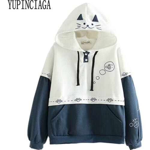 Women Cartoon Print Patchwork Hooded Sweatshirts Sweet Style Girl Long Sleeve Harajuku Hoodies Thick Warm Pullover YUPINCIAGA
