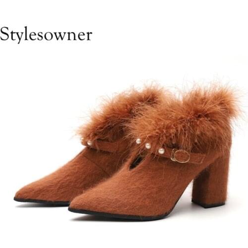 Stylesowner New Style Korean Popular Flock Woman Pumps Shoes with Real Fur Buckle Strap Pointed Toe Horse Hair Winter Pumps