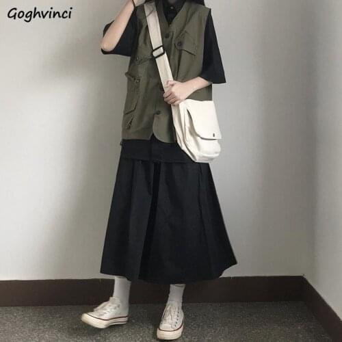 Women Dress Sets Half Sleeve Solid Shirt A-line Pleated Elastic Waist Calf-length Skirt Summer Trendy Loose Ulzzang Safari Style
