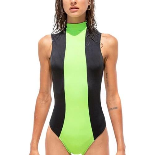 Women One-Piece Bodysuit Swimsuit with Color Block High Neckline High Waist Design Sexy Style Sunbathing Clothing
