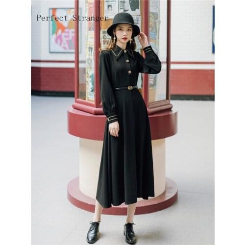 2021 Spring Autumn New Arrival Retro Turn-down Collar Collect Waist Women Long Dress