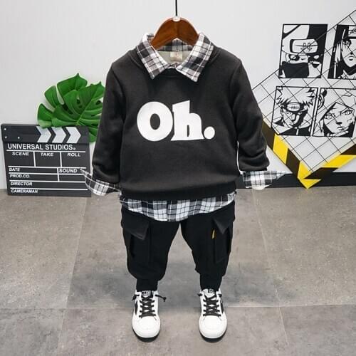 3-8 Years Baby Boys Clothes Sets Winter Suits For Children Plaid Velvet Shirt Letter Thicken Sweatshirt Cargo Pants Boy 3pcs Set