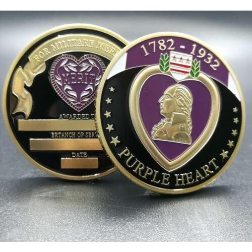 100 pcs Non Magnetic Purple heart coin 1782 - 1932 Love badge 24K real gold plated colored 40 mm souvenir coin