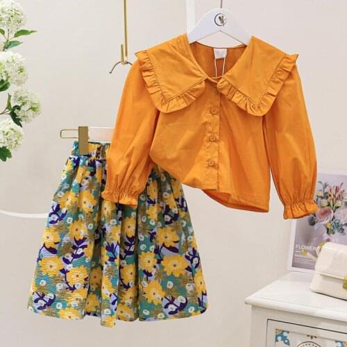 2021 Baby Girls Fall Fashion Sets, Orange Blouse + Printed Skirts 5 sets/lot, Wholesale, Free Shipping