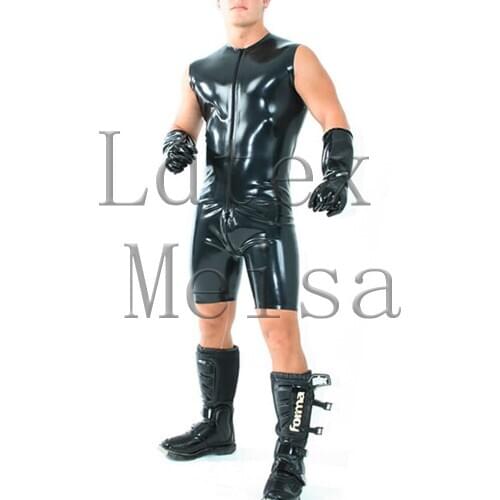 Front zipper to ass design mens black latex bondage bodysuit what is made of natural & flexible latex materials