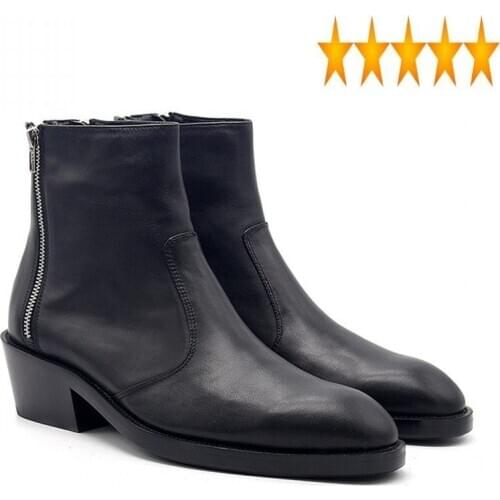 Mens Shoes Genuine Leather European Autumn Winter High Heeled Boots Men Three Zipper Increase Pointed Booties Man Handmade 34-45