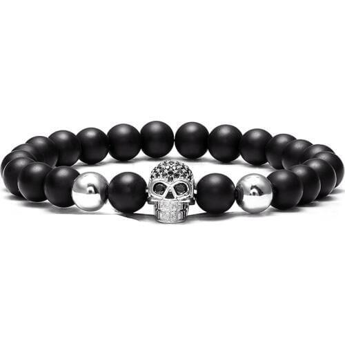 VOQ 2019 Fashion Vintage Mens Jewelry Black Zircon Skull Charm Bracelet 8mm Beads Natural Stone Bracelet Hot Sale