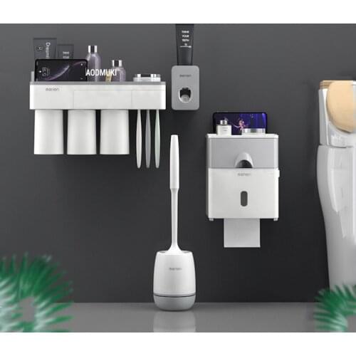 Toothbrush Holder Waterproof Tissue Holder Toilet Cleaning Brush Toothpaste Distributor Wall Mounted Bathroom Accessories Set