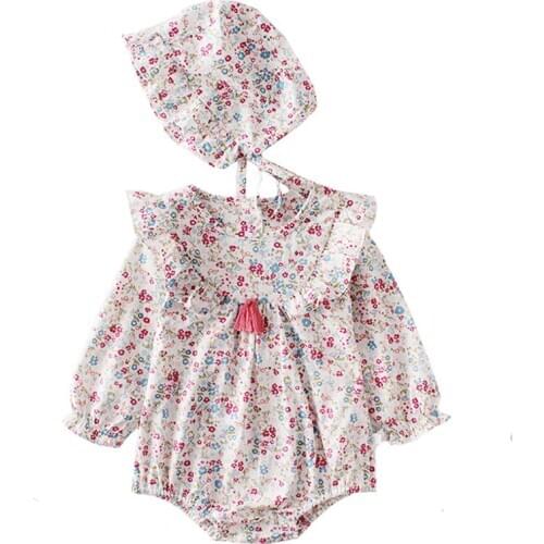 0-3Yrs Baby Girls 2020 Spring Baby Girl Bodysuits Flowers Tassel Long Sleeve Cotton One-piece Clothes + Hat Baby Twin Bodysuit