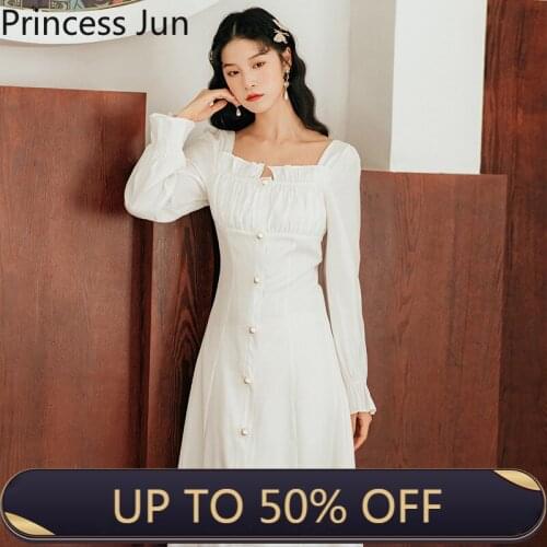 Design Super Fairy White Dress Elegant French Retro Long Flare Sleeve Square Collar Slim Dress Waisted Midi Party Dress Vestidos