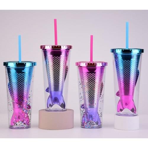 Double Layer Mermaid Water Bottle with Straws Gradient Fishtail Sequins Lid Plastic Reusable Drinkware Coffee Drinking Cup