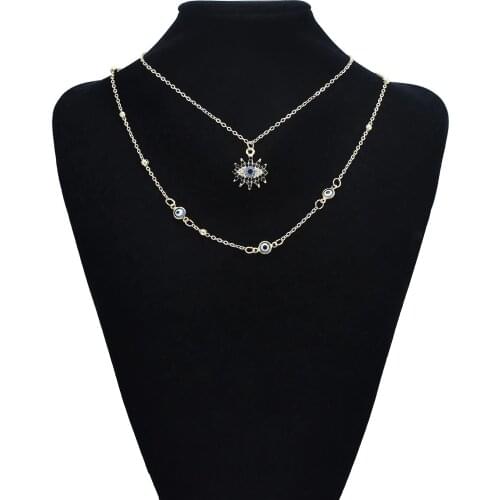 European Fashion Gold Plated Metal Chain Full Diamond Round Eye Pendant Double Necklace Blue Ladies Zircon Trendy Necklace